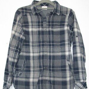 Columbia Women Navy Blue White Double Layer Shirt Plaid Pockets Hiking sz M